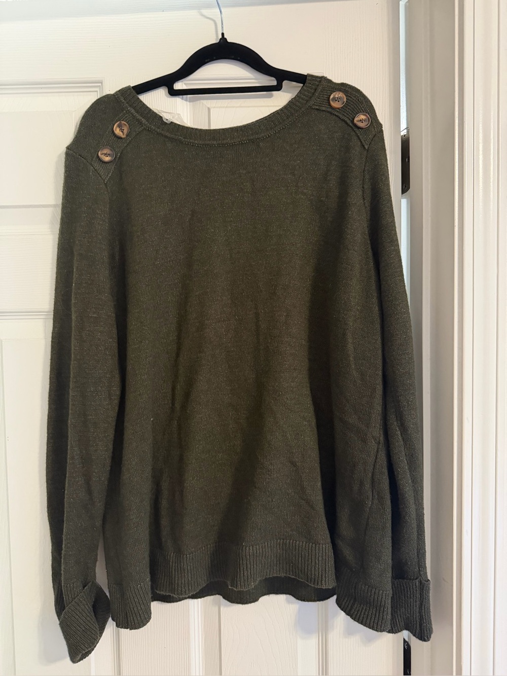 Women’s Olive Green Button-Shoulder Knit Sweater